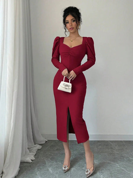 Istyle Can Maroon Square Neck Puff Sleeve Bodycon Dress Istyle Can