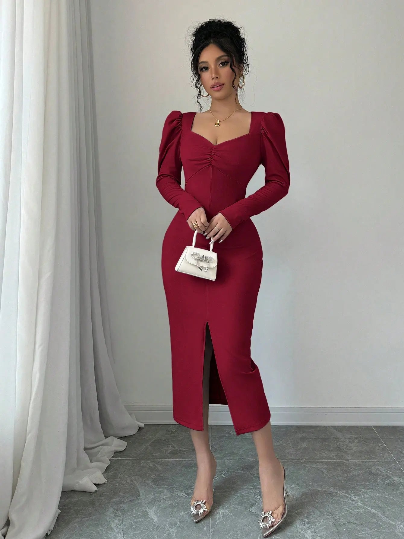 Istyle Can Maroon Square Neck Puff Sleeve Bodycon Dress Istyle Can