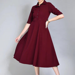 Istyle Can Maroon Serenity Button Up Front 3/4 Sleeves Fit and Flared Shirt Midi Dress My Store