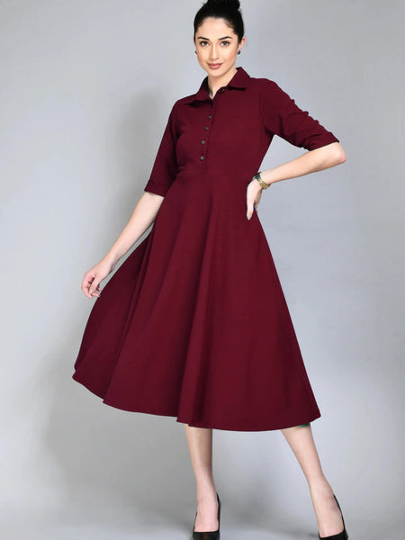 Istyle Can Maroon Serenity Button Up Front 3/4 Sleeves Fit and Flared Shirt Midi Dress My Store