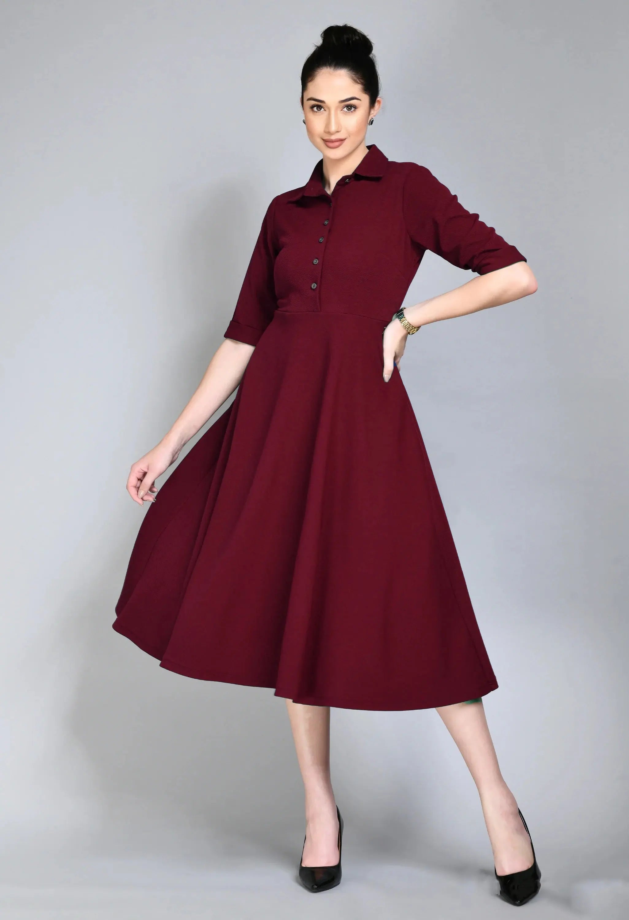 Istyle Can Maroon Serenity Button Up Front 3/4 Sleeves Fit and Flared Shirt Midi Dress My Store