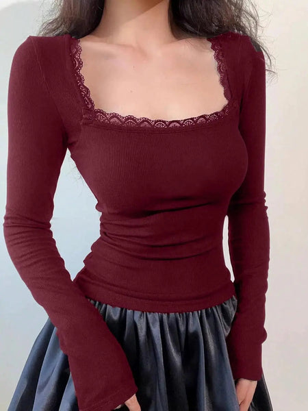 Istyle Can Maroon Women’s Ribbed Square Neck Puff Sleeve Top Istyle Can