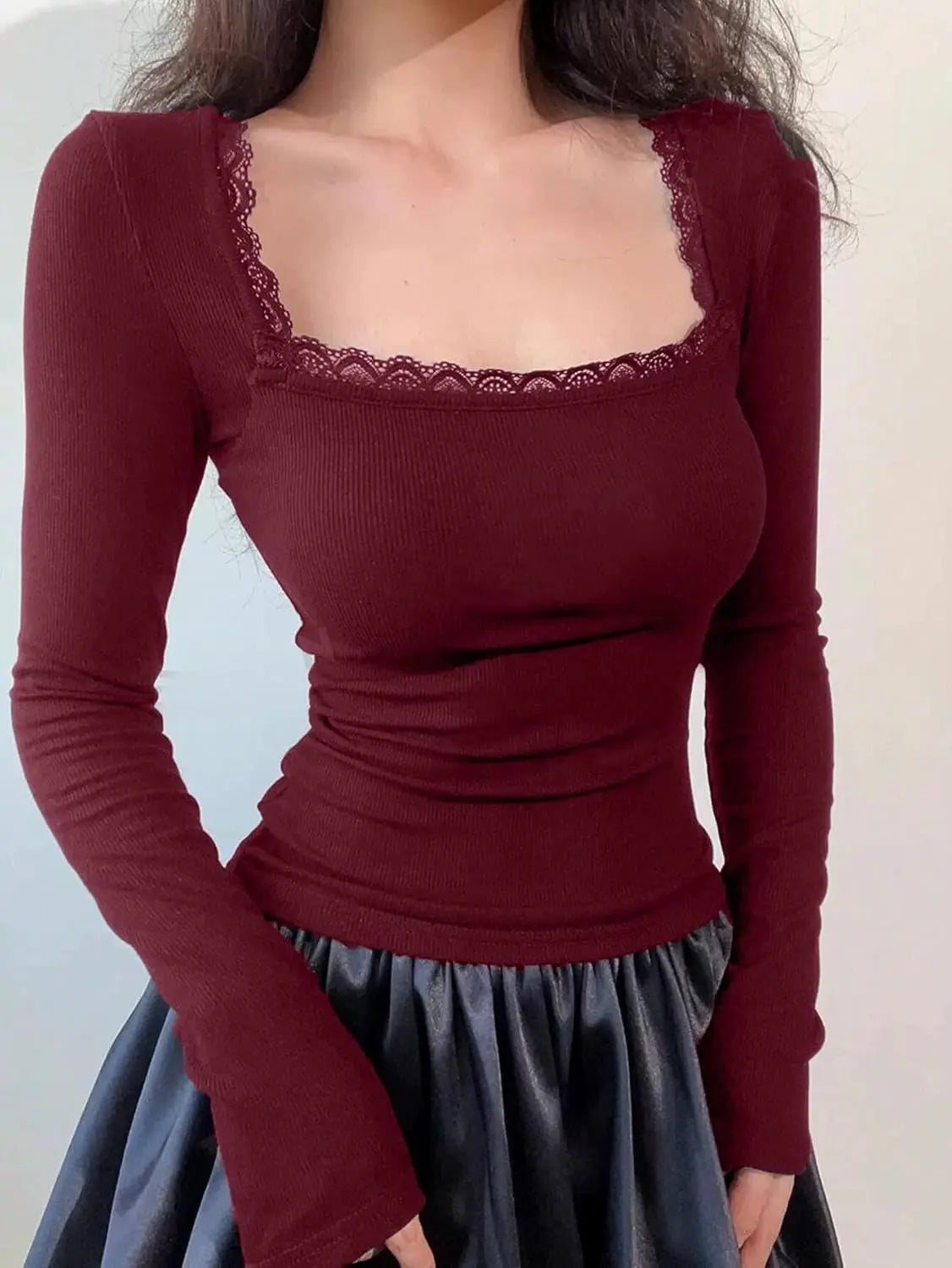 Istyle Can Maroon Women’s Ribbed Square Neck Puff Sleeve Top Istyle Can