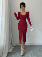 Istyle Can Maroon Square Neck Puff Sleeve Bodycon Dress Istyle Can