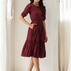 Istyle Can Maroon Solid Puff Sleeve Crepe Fit & Flare Midi Dress Istyle Can