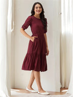 Istyle Can Maroon Solid Puff Sleeve Crepe Fit & Flare Midi Dress Istyle Can