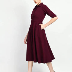 Istyle Can Maroon Serenity Button Up Front 3/4 Sleeves Fit and Flared Shirt Midi Dress My Store