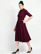 Istyle Can Maroon Serenity Button Up Front 3/4 Sleeves Fit and Flared Shirt Midi Dress My Store