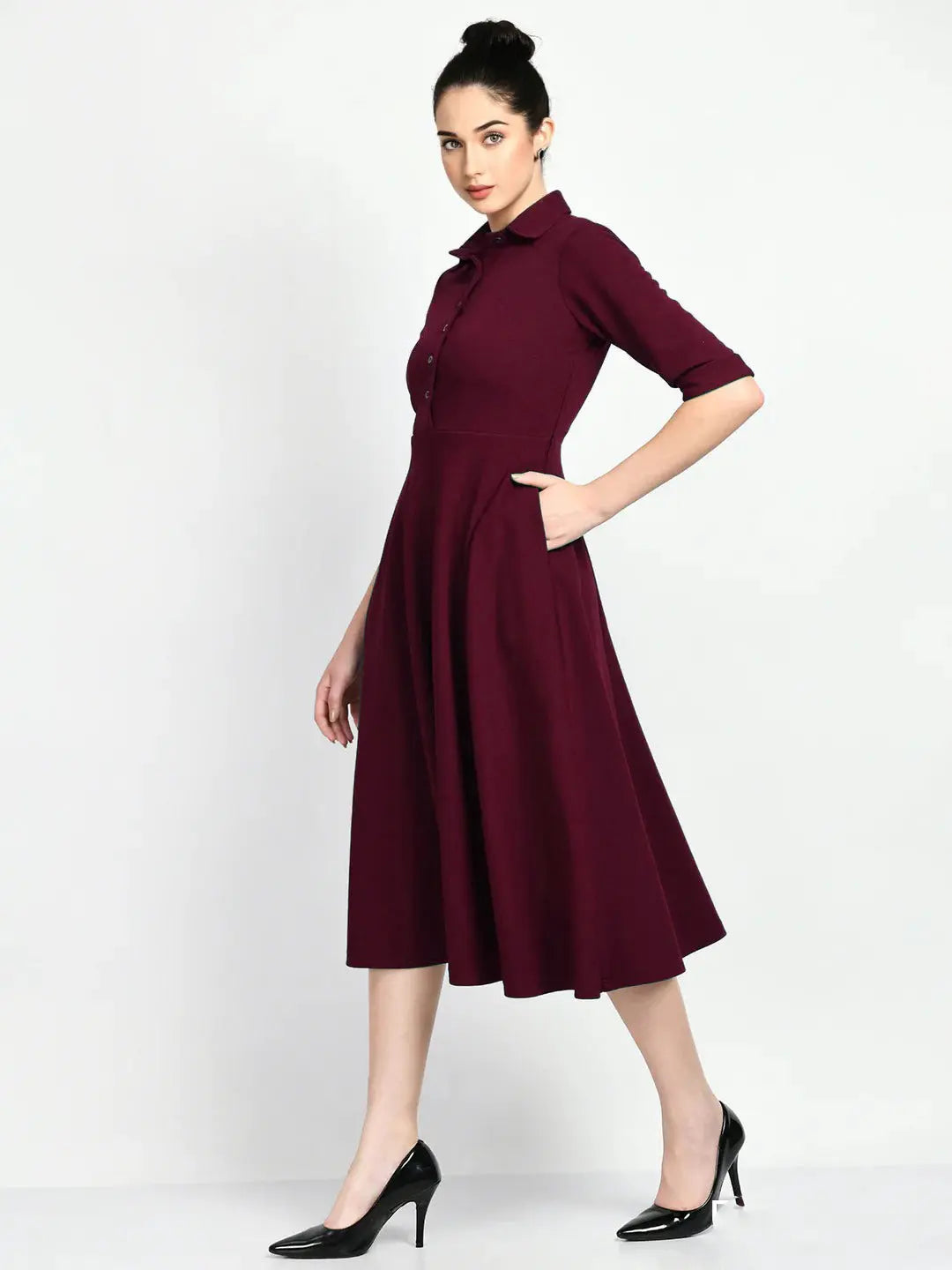 Istyle Can Maroon Serenity Button Up Front 3/4 Sleeves Fit and Flared Shirt Midi Dress My Store