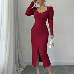 Istyle Can Maroon Square Neck Puff Sleeve Bodycon Dress Istyle Can
