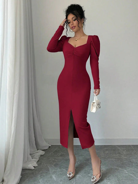 Istyle Can Maroon Square Neck Puff Sleeve Bodycon Dress Istyle Can