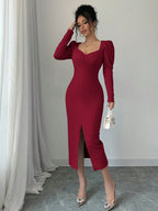 Istyle Can Maroon Square Neck Puff Sleeve Bodycon Dress Istyle Can