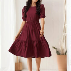 Istyle Can Maroon Solid Puff Sleeve Crepe Fit & Flare Midi Dress Istyle Can