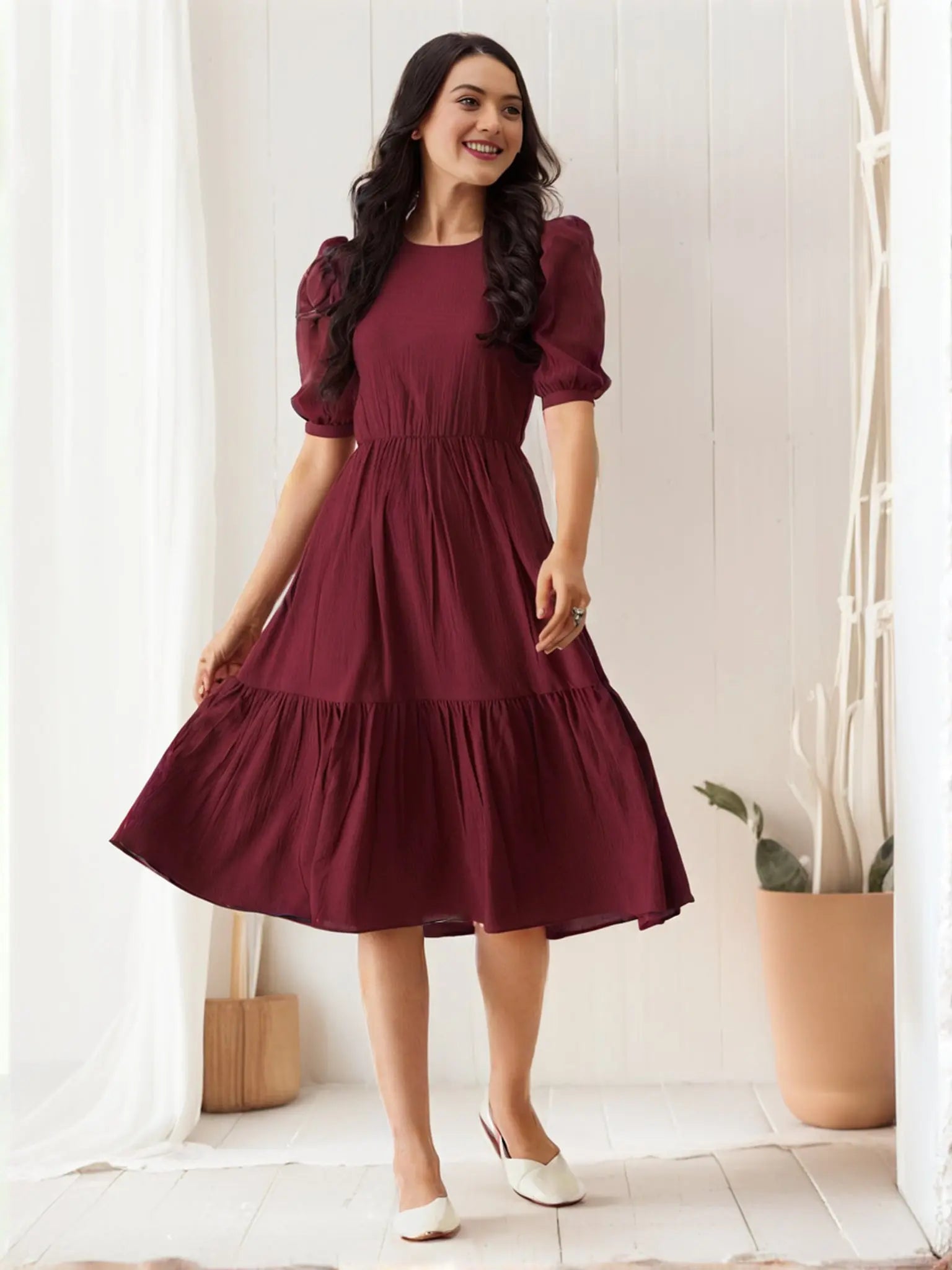 Istyle Can Maroon Solid Puff Sleeve Crepe Fit & Flare Midi Dress Istyle Can