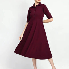 Istyle Can Maroon Serenity Button Up Front 3/4 Sleeves Fit and Flared Shirt Midi Dress My Store