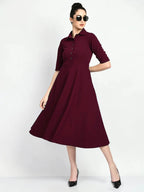 Istyle Can Maroon Serenity Button Up Front 3/4 Sleeves Fit and Flared Shirt Midi Dress My Store
