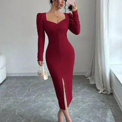 Istyle Can Maroon Square Neck Puff Sleeve Bodycon Dress Istyle Can