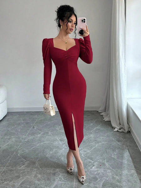 Istyle Can Maroon Square Neck Puff Sleeve Bodycon Dress Istyle Can