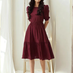 Istyle Can Maroon Solid Puff Sleeve Crepe Fit & Flare Midi Dress Istyle Can