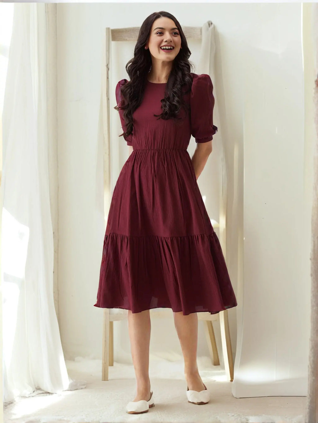 Istyle Can Maroon Solid Puff Sleeve Crepe Fit & Flare Midi Dress Istyle Can