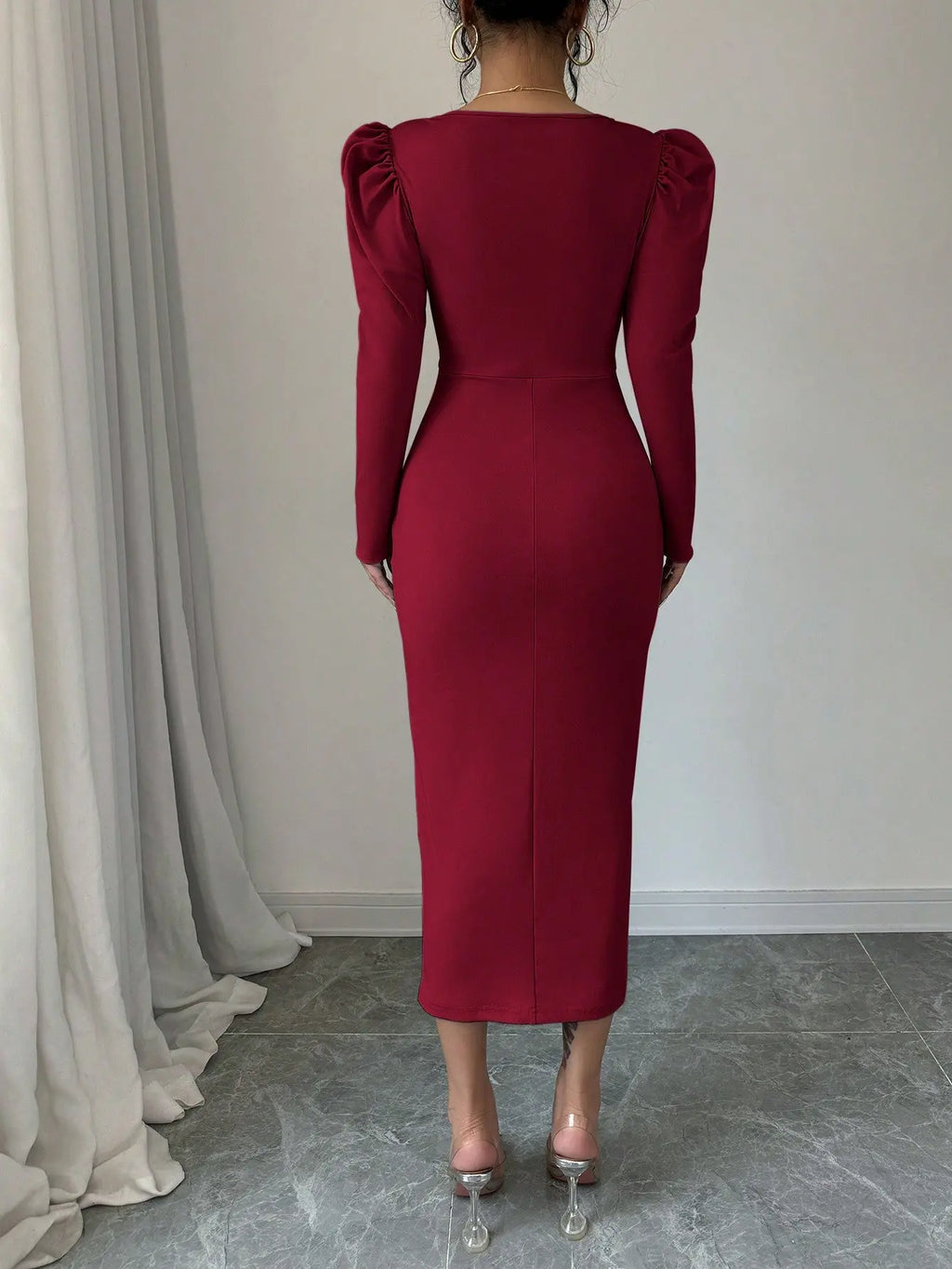 Istyle Can Maroon Square Neck Puff Sleeve Bodycon Dress Istyle Can