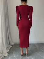 Istyle Can Maroon Square Neck Puff Sleeve Bodycon Dress Istyle Can