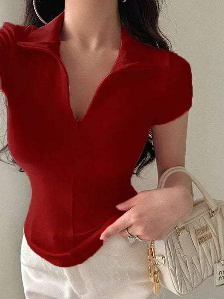 Istyle Can Soft Maroon Polyester Women's Top Solid Short Sleeve Ribbed Asymmetric Hem Casual T-Shirt Istyle Can