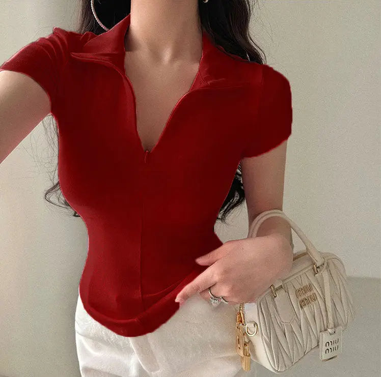 Istyle Can Soft Maroon Polyester Women's Top Solid Short Sleeve Ribbed Asymmetric Hem Casual T-Shirt Istyle Can Main image