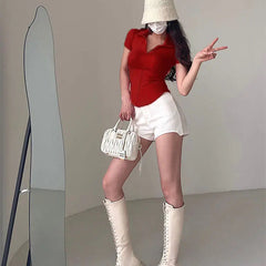 Istyle Can Soft Maroon Polyester Women's Top Solid Short Sleeve Ribbed Asymmetric Hem Casual T-Shirt Istyle Can