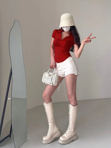 Istyle Can Soft Maroon Polyester Women's Top Solid Short Sleeve Ribbed Asymmetric Hem Casual T-Shirt Istyle Can