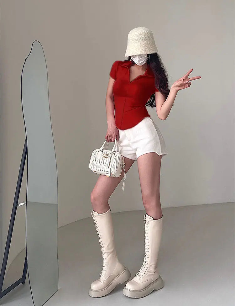 Istyle Can Soft Maroon Polyester Women's Top Solid Short Sleeve Ribbed Asymmetric Hem Casual T-Shirt Secondary image