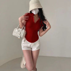 Istyle Can Soft Maroon Polyester Women's Top Solid Short Sleeve Ribbed Asymmetric Hem Casual T-Shirt Istyle Can