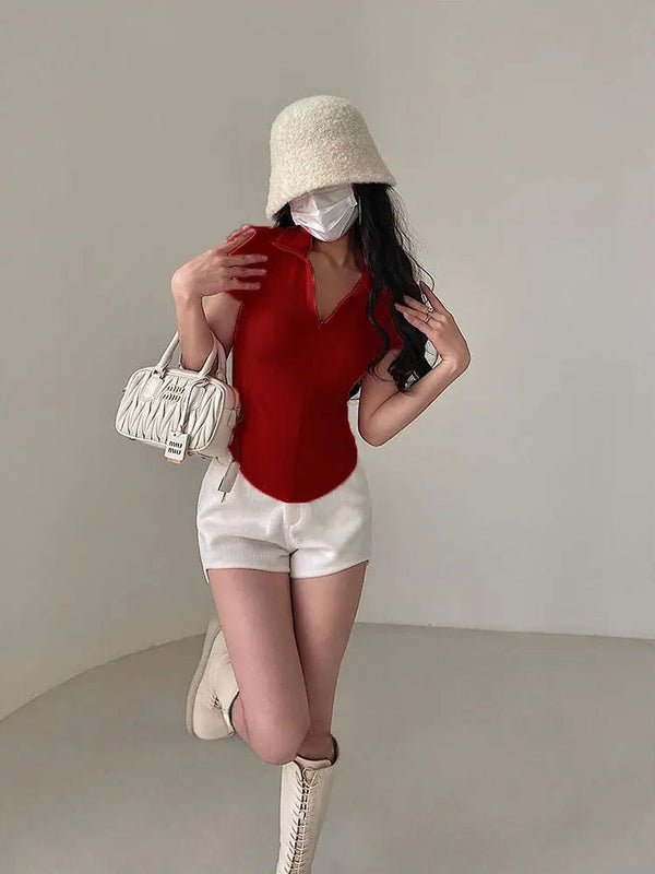 Istyle Can Soft Maroon Polyester Women's Top Solid Short Sleeve Ribbed Asymmetric Hem Casual T-Shirt Istyle Can