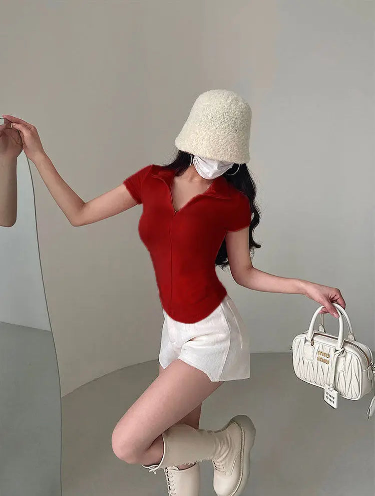 Istyle Can Soft Maroon Polyester Women's Top Solid Short Sleeve Ribbed Asymmetric Hem Casual T-Shirt Istyle Can