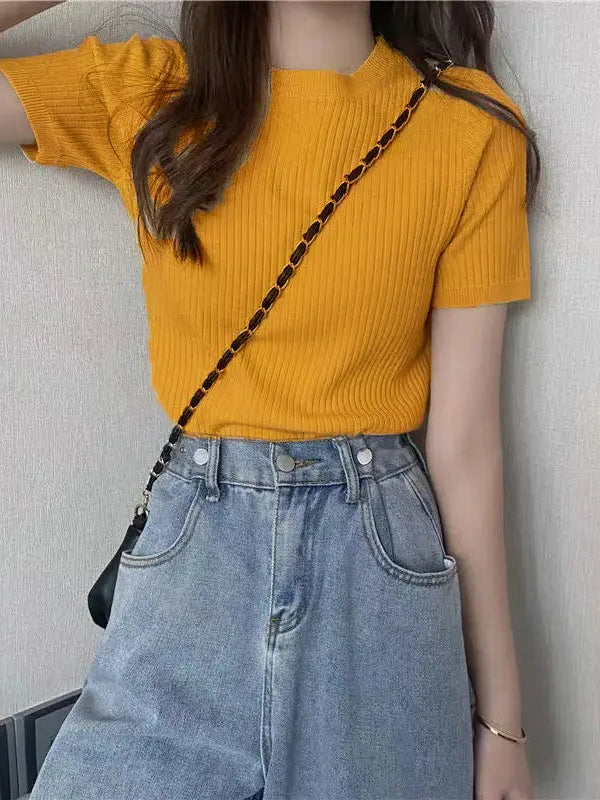 Mustard Women’s Slim Fit Solid Rib Knit Stretchable Top Istyle Can