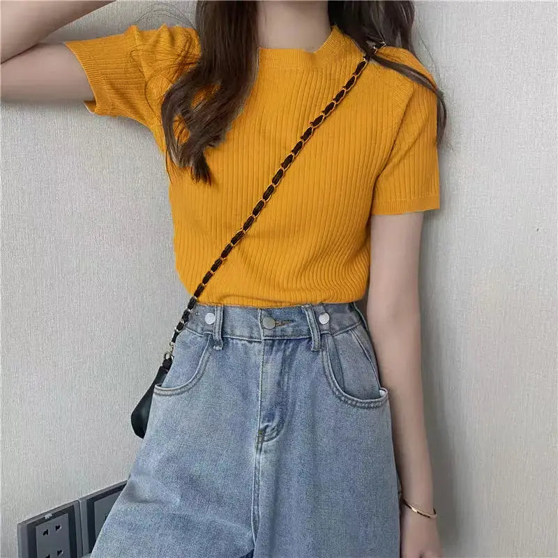 Mustard Women’s Slim Fit Solid Rib Knit Stretchable Top Istyle Can