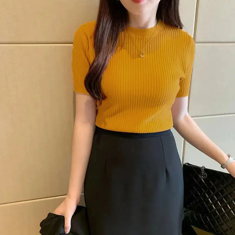 Mustard Women’s Slim Fit Solid Rib Knit Stretchable Top Istyle Can Main image