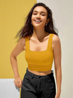Women's & Girls' Solid Mustard Ribbed Square Neck Slim Fit Crop Tank Tops Istyle Can