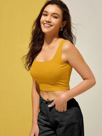 Women's & Girls' Solid Mustard Ribbed Square Neck Slim Fit Crop Tank Tops Istyle Can