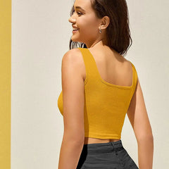 Women's & Girls' Solid Mustard Ribbed Square Neck Slim Fit Crop Tank Tops Istyle Can