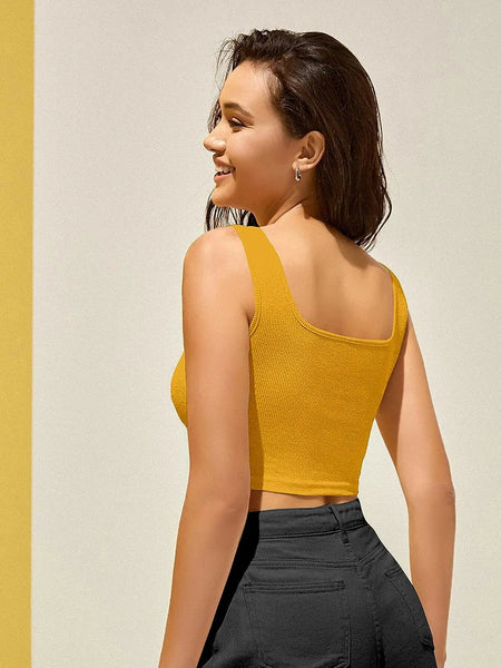 Women's & Girls' Solid Mustard Ribbed Square Neck Slim Fit Crop Tank Tops Istyle Can