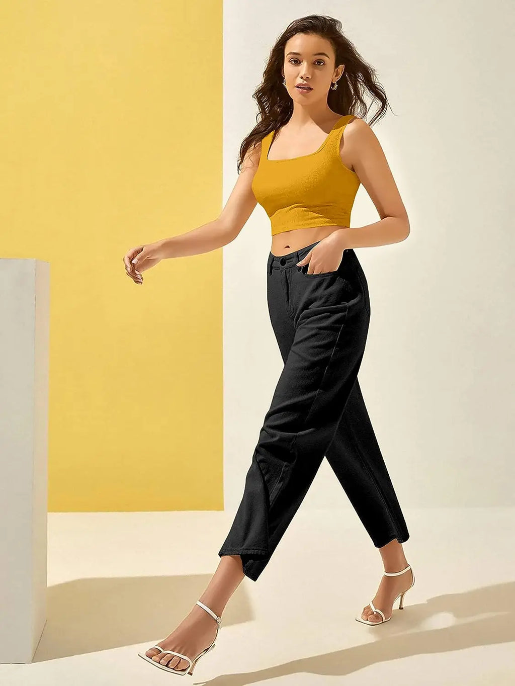 Women's & Girls' Solid Mustard Ribbed Square Neck Slim Fit Crop Tank Tops Istyle Can