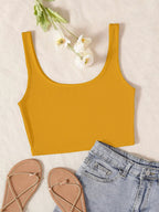 Women's & Girls' Solid Mustard Ribbed Square Neck Slim Fit Crop Tank Tops Istyle Can