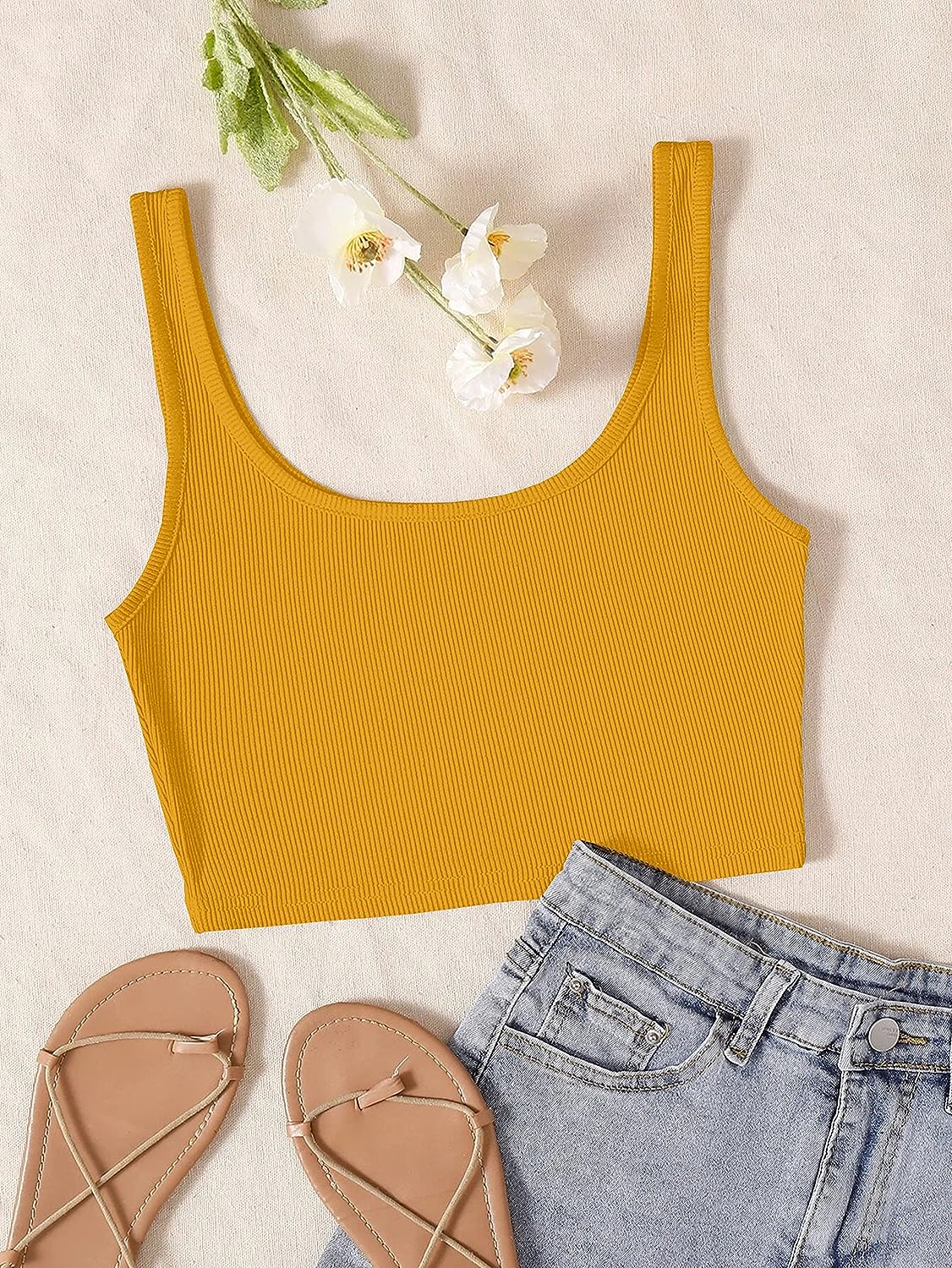 Women's & Girls' Solid Mustard Ribbed Square Neck Slim Fit Crop Tank Tops Istyle Can