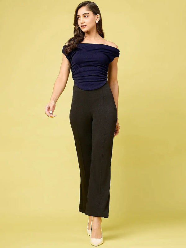 Istyle Can Navy Blue Women's Solid/Plain Asymmetric Hem Stretchable Draped Crop Top Istyle Can