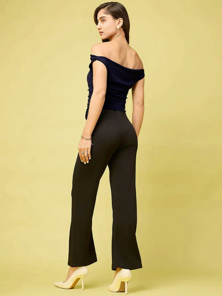 Istyle Can Navy Blue Women's Solid/Plain Asymmetric Hem Stretchable Draped Crop Top Istyle Can