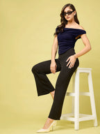 Istyle Can Navy Blue Women's Solid/Plain Asymmetric Hem Stretchable Draped Crop Top Istyle Can