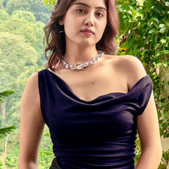 Istyle Can Navy Blue Women's Solid/Plain Asymmetric Hem Stretchable Draped Crop Top Istyle Can