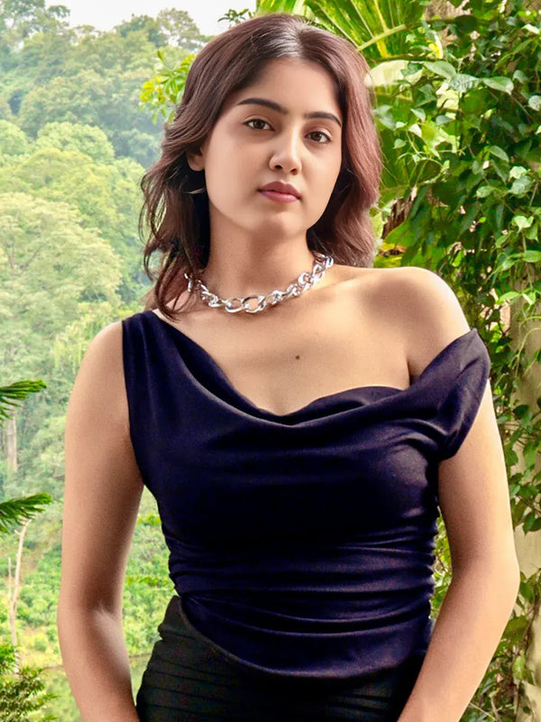 Istyle Can Navy Blue Women's Solid/Plain Asymmetric Hem Stretchable Draped Crop Top Istyle Can