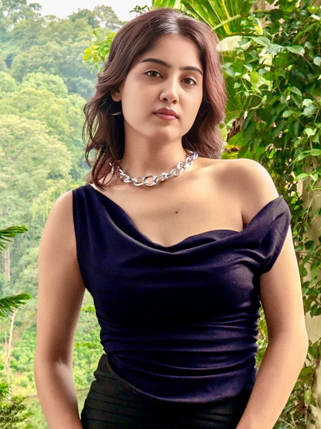 Istyle Can Navy Blue Women's Solid/Plain Asymmetric Hem Stretchable Draped Crop Top Istyle Can Main image